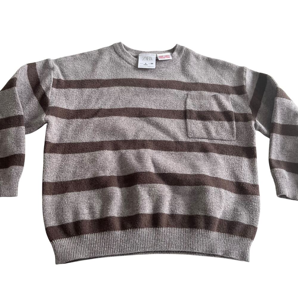 Zara Boys Preppy Pullover Sweater, Brown Stripes & Pocket – Size 3